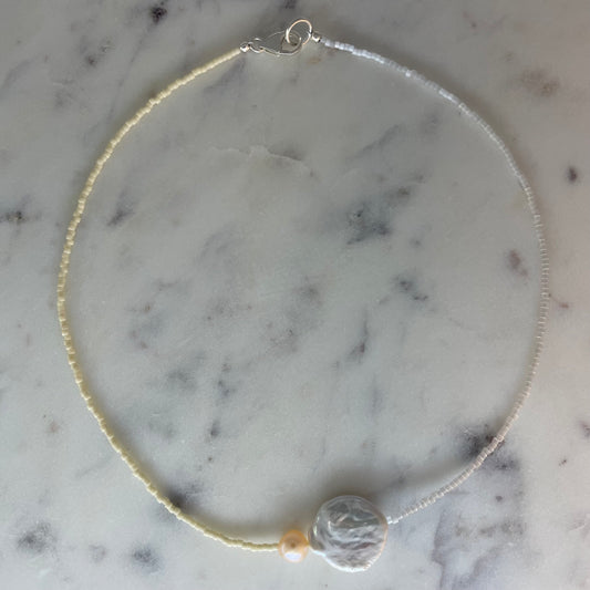 Pearl Necklace - Crystal + Off White