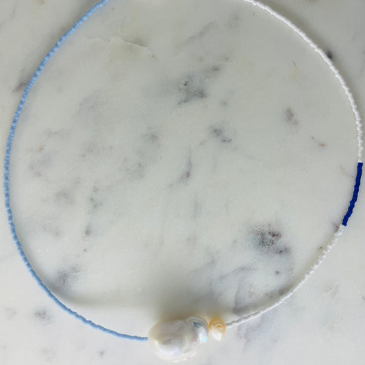 Pearl Necklace - Light & Dark Blue + White