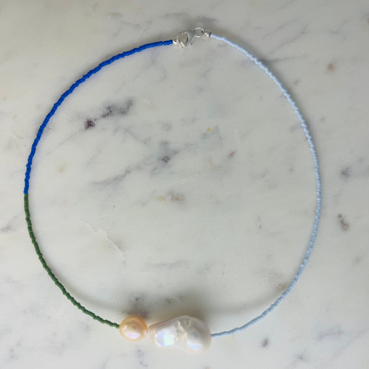 Pearl Necklace - Light Blue + Olive Green + Cobalt Blue